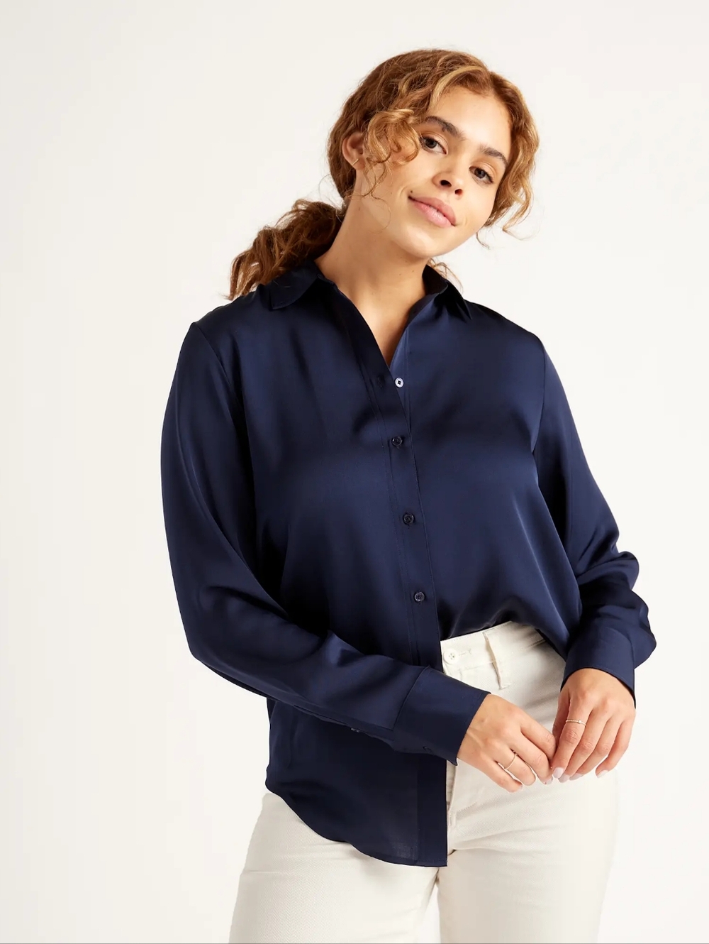 Quince Silk Washable Stretch Blouse Button Down Shirt Navy Blue Small S